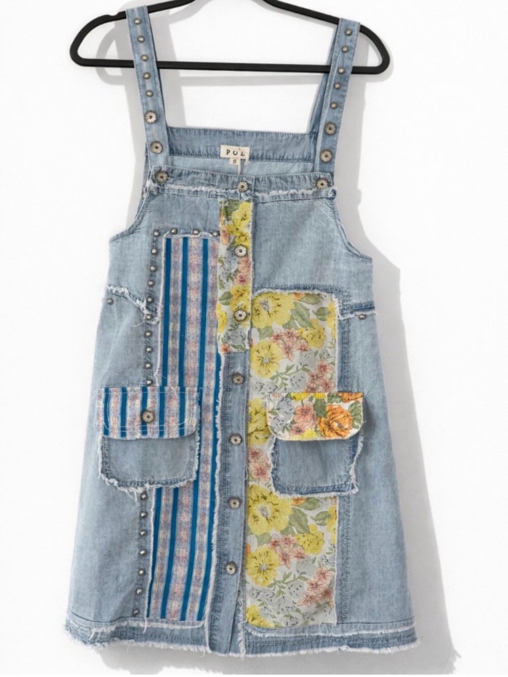 Light Blue Denim Patchwork Sundress with Floral & Stripe Panels - Picture 3 of 9